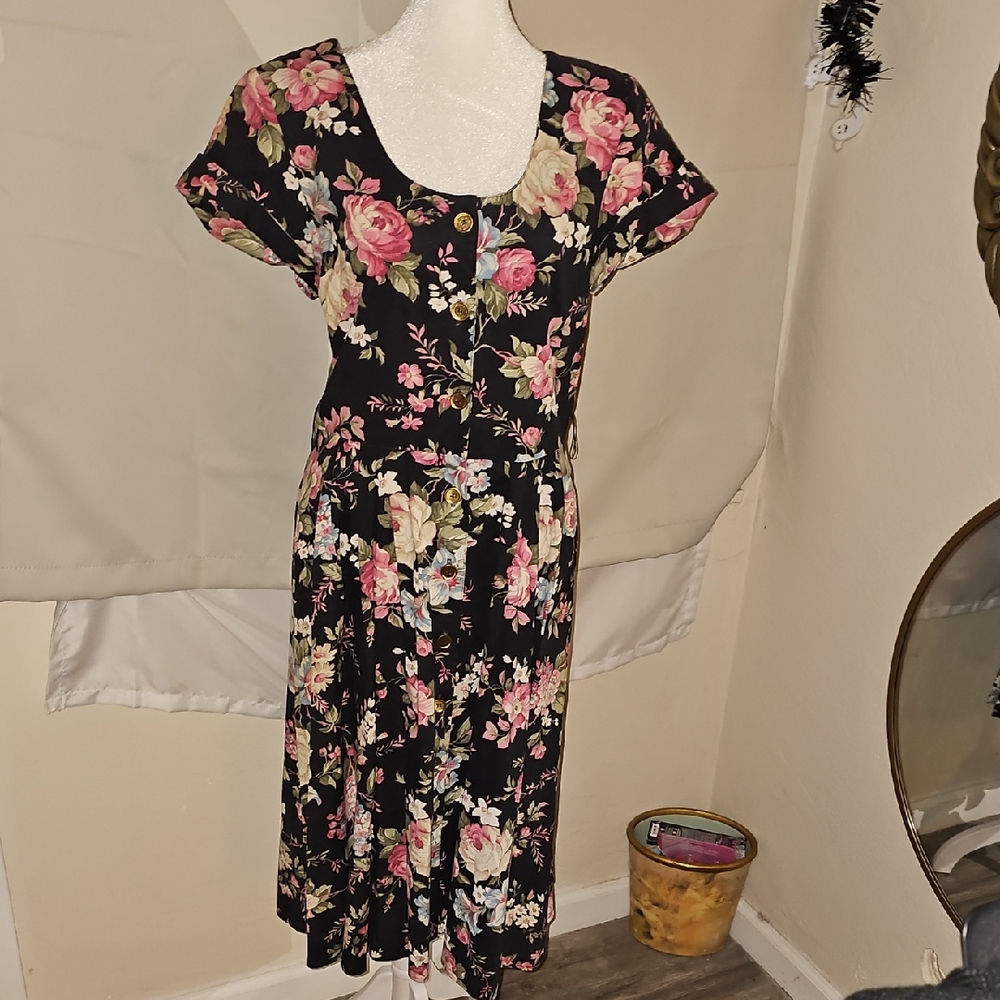 Vintage Floral Midi Dress S.L. Petites  Button-down Pleated Skirt Pockets I8